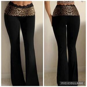 SHEIN ICON Leopard Print Fold Waist Lace Trim Pant S Skinny Casual Flared Leg